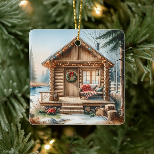 Tiny Home Log Cabin in de Winter Bossen Kerst Keramisch Ornament (Boom)