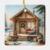 Tiny Home Log Cabin in de Winter Bossen Kerst Keramisch Ornament (Voorkant)