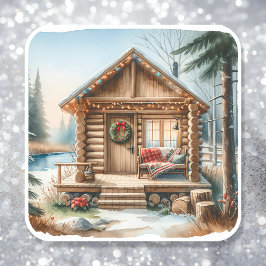 Tiny Home Log Cabin in de Winter Bossen Kerst Vierkante Sticker