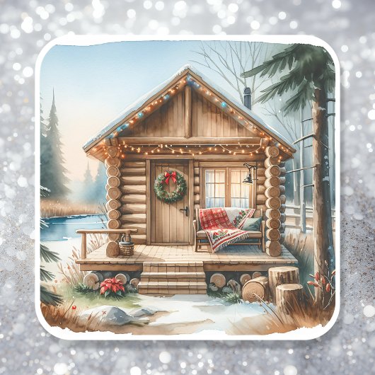 Tiny Home Log Cabin in de Winter Bossen Kerst Vierkante Sticker