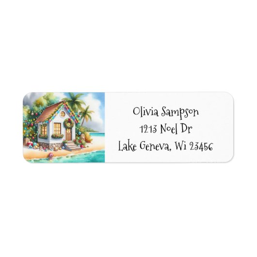 Tiny Home op het strand Feestelijke Kerstmis Etiket (Voorkant)