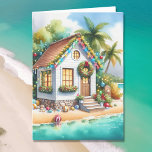 Tiny Home op het strand Feestelijke Kerstmis Feestdagen Kaart<br><div class="desc">Gepersonaliseerde kerstkaart. Schattigee kleine witte feestelijke kleine huis op een strand met  feestelijke kerstversieringen zoals kransen,  slinger en kerstverlichting op palmbomen. Aan de binnenkant van de kaart kunt u uw eigen aangepaste vakantiebericht toevoegen.</div>