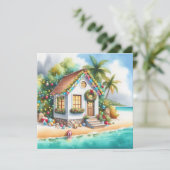 Tiny Home op het strand Feestelijke Kerstmis Feestdagenkaart (Staand voorkant)