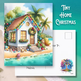 Tiny Home op het strand Feestelijke Kerstmis Feestdagenkaart
