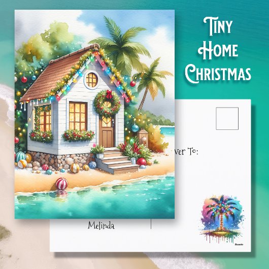 Tiny Home op het strand Feestelijke Kerstmis Feestdagenkaart