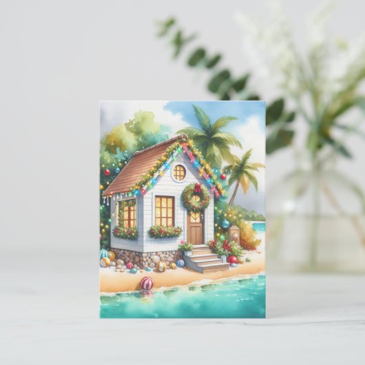 Tiny Home op het strand Feestelijke Kerstmis Feestdagenkaart (Staand voorkant)