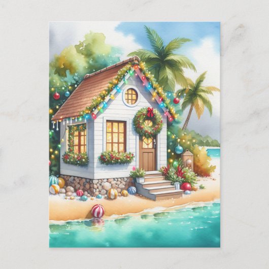 Tiny Home op het strand Feestelijke Kerstmis Feestdagenkaart (Voorkant)