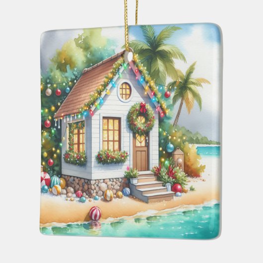 Tiny Home op het strand Feestelijke Kerstmis Keramisch Ornament (Links)