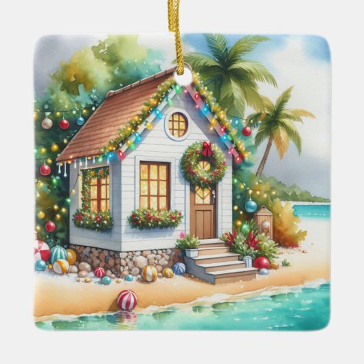 Tiny Home op het strand Feestelijke Kerstmis Keramisch Ornament (Voorkant)