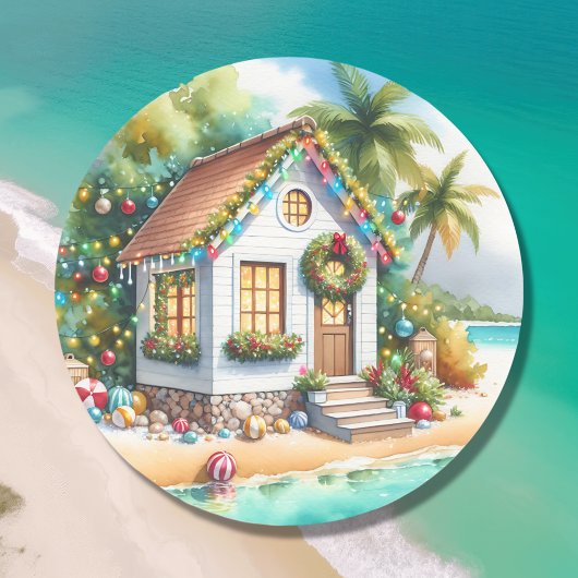 Tiny Home op het strand Feestelijke Kerstmis Ronde Sticker