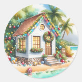 Tiny Home op het strand Feestelijke Kerstmis Ronde Sticker (Voorkant)