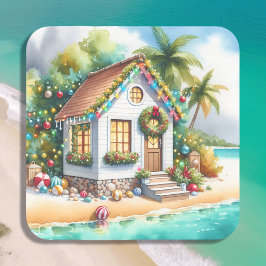 Tiny Home op het strand Feestelijke Kerstmis Vierkante Sticker