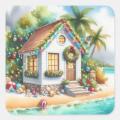 Tiny Home op het strand Feestelijke Kerstmis Vierkante Sticker (Voorkant)