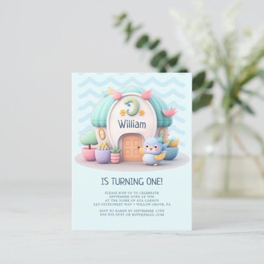 Tiny huisje met draak Boy Baby Verjaardag Uitnodiging Briefkaart (Staand voorkant)