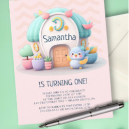 Tiny huisje met draak Meisje Baby Verjaardag Uitnodiging Briefkaart