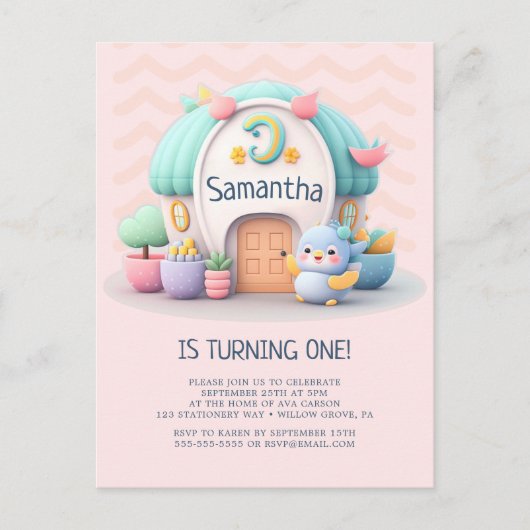 Tiny huisje met draak Meisje Baby Verjaardag Uitnodiging Briefkaart (Voorkant)