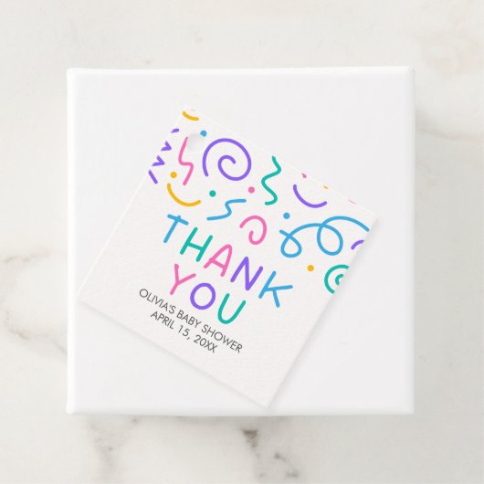 Tiny Human Shindig Baby Shower Square Bedankjes Labels (In situ)