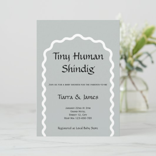 Tiny Human Shindig Minimalistisch Sage Baby shower Kaart (Staand voorkant)