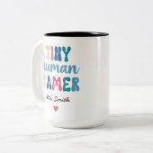 Tiny Human Tamer | Naam aangepaste leraar Tweekleurige Koffiemok (Voorkant links)