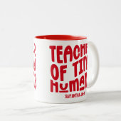 Tiny Humans leraar Red Text Design Tweekleurige Koffiemok (Voorkant rechts)