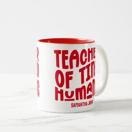 Tiny Humans leraar Red Text Design Tweekleurige Koffiemok (Voorkant rechts)