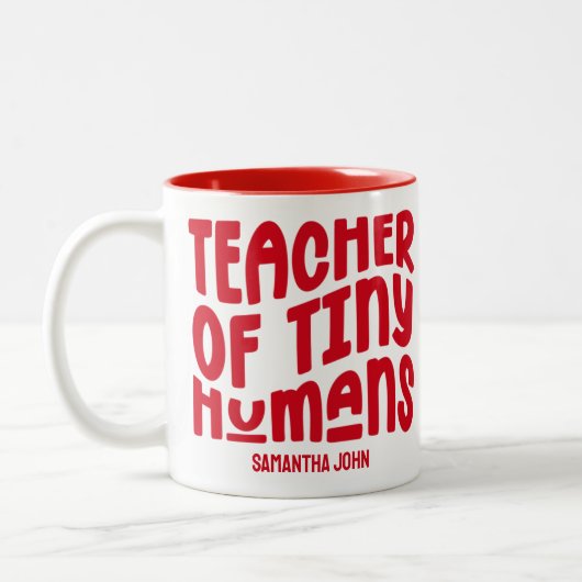 Tiny Humans leraar Red Text Design Tweekleurige Koffiemok (Links)