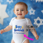 Tiny Latke Lover Bodysuit 🕎🎉<br><div class="desc">Deze schattige baby bodysuit is ideaal voor het vieren van Chanoeka met een vleugje humor en schattigheid! Het bevat de vrolijke boodschap "Happy Chanoeka" in vetgedrukte blauwe letters, compleet met twee felgele vlammen die menorah-kaarsen nabootsen. Hieronder staat de speelse tekst "van Tiny Lake Lover!" - een knipoog naar de heerlijke...</div>