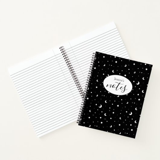 Tiny Moons and Stars Custom Name Black Notitieboek (Binnen)