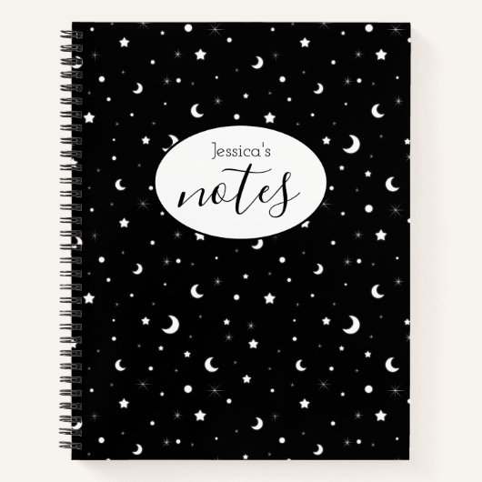 Tiny Moons and Stars Custom Name Black Notitieboek (Voorkant)
