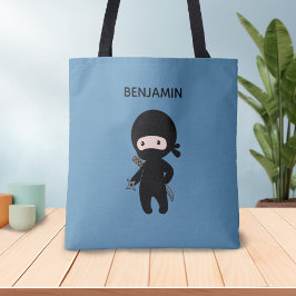 Tiny Ninja aangepaste naam op blauw Tote Bag