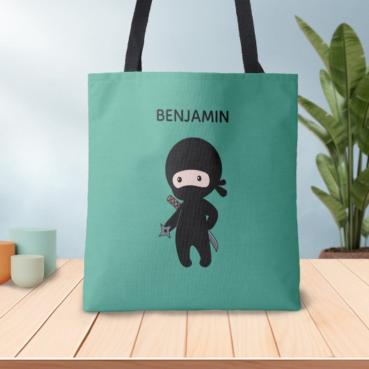 Tiny Ninja aangepaste naam op donkergroen Tote Bag
