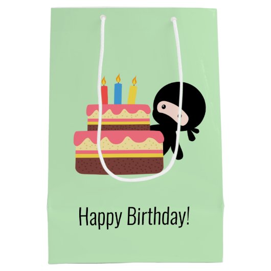 Tiny Ninja Behind Birthday Cake Green Medium Cadeauzakje (Achterkant)