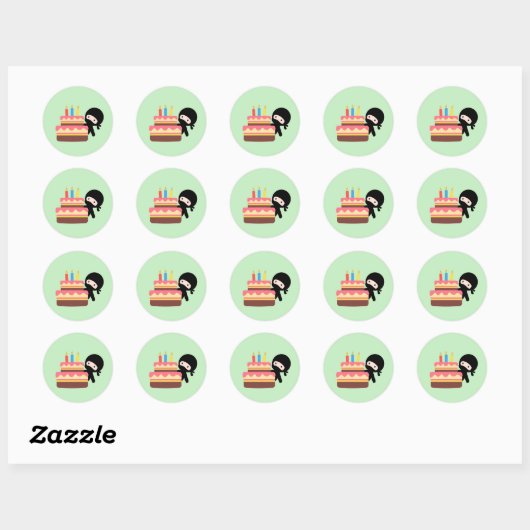 Tiny Ninja Behind Birthday Cake Green Ronde Sticker (Vel)