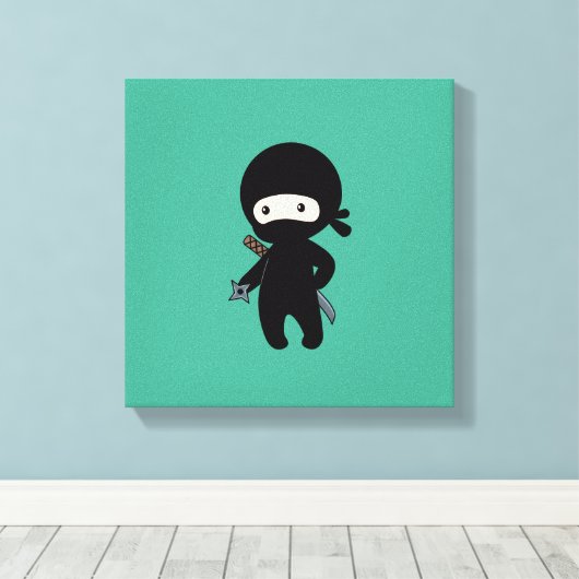 Tiny Ninja Holding Throwing Star op Green Canvas Afdruk (Insitu (Houten vloer))