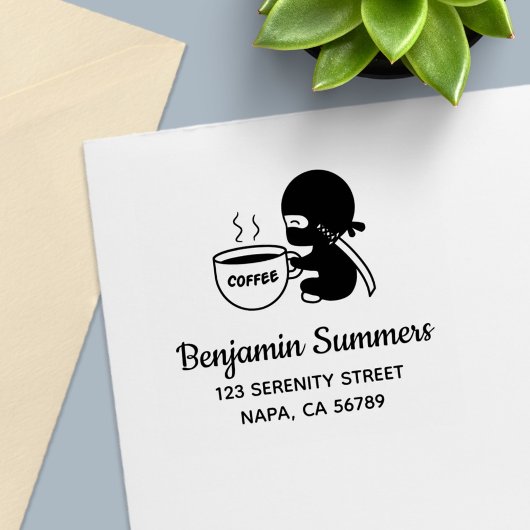 Tiny Ninja met Large Coffee Mok Address Zelfinktende Stempel