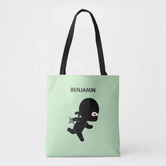 Tiny Ninja Running Custom Name on Green Tote Bag (Voorkant)