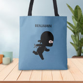 Tiny Ninja Running Custom Name op blauw Tote Bag