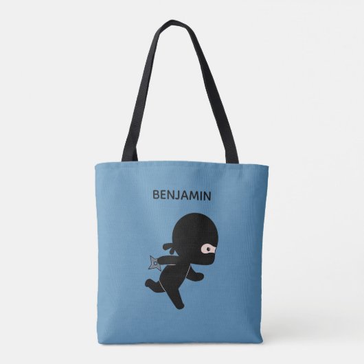 Tiny Ninja Running Custom Name op blauw Tote Bag (Achterkant)
