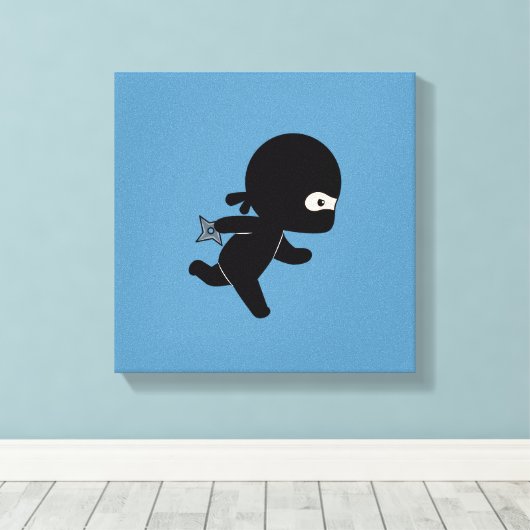 Tiny Ninja Running on Blue Canvas Afdruk (Insitu (Houten vloer))