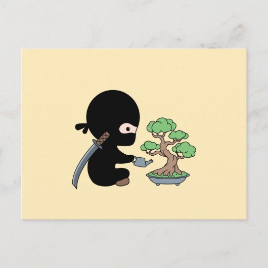 Tiny Ninja Watering Bonsai Tree on Yellow Briefkaart (Voorkant)