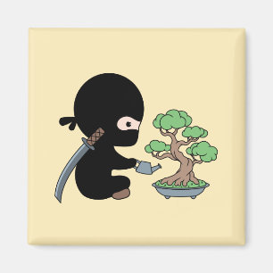 Tiny Ninja Watering Bonsai Tree on Yellow Magneet