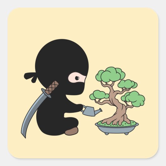 Tiny Ninja Watering Bonsai Tree on Yellow Vierkante Sticker (Voorkant)
