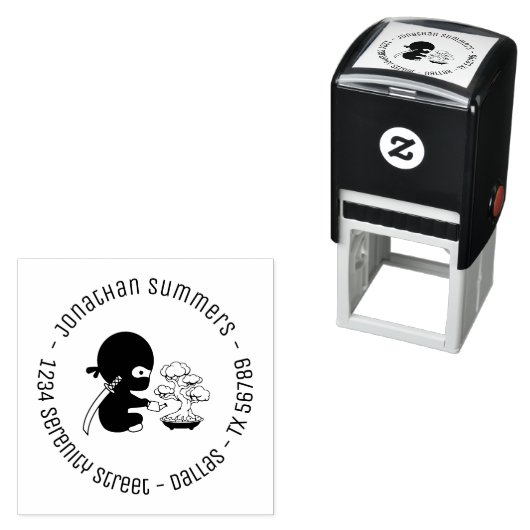 Tiny Ninja Watering Bonsai Tree Round Address 2 Zelfinktende Stempel (In situ)