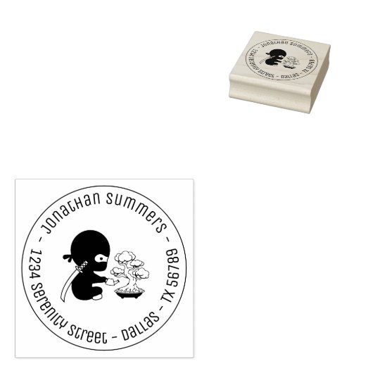 Tiny Ninja Watering Bonsai Tree Round Address 3 Rubberstempel (Gestempeld)
