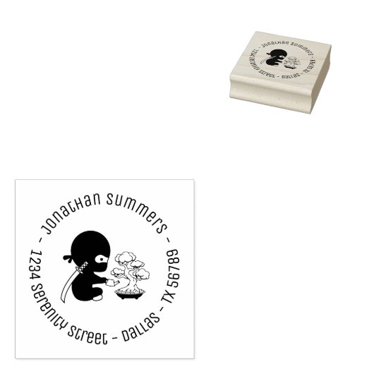 Tiny Ninja Watering Bonsai Tree Round Address 4 Rubberstempel (Gestempeld)
