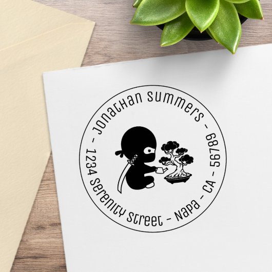 Tiny Ninja Watering Bonsai Tree Round Address Rubberstempel