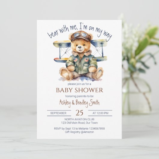 Tiny pilot schattig teddybeer baby shower kaart (Staand voorkant)