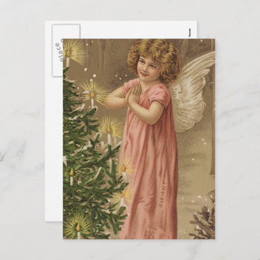 Tiny Pink Garbed Angle bij de kerstboom Feestdagenkaart (Voorkant / Achterkant)