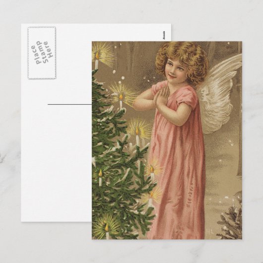 Tiny Pink Garbed Angle bij de kerstboom Feestdagenkaart (Voorkant / Achterkant)