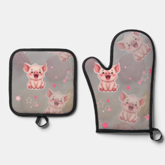 Tiny Pink Piggy Oven Mitt and Pot Holders Ovenwant & Pannenlap Set
